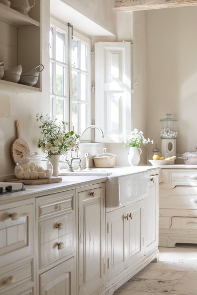 French country white kitchen cabinets with ornate detailing and a classic aesthetic.
