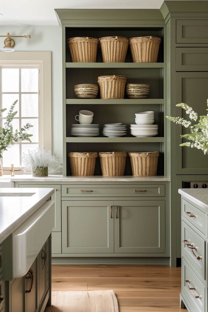 Sage green cabinets with woven baskets used as storage on open shelving in a natural kitchen.