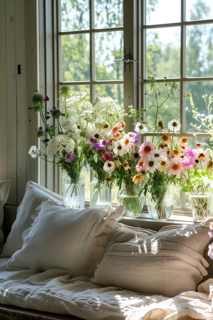 Wildflower arrangements in vases adding a touch of nature indoors in a bedroom.