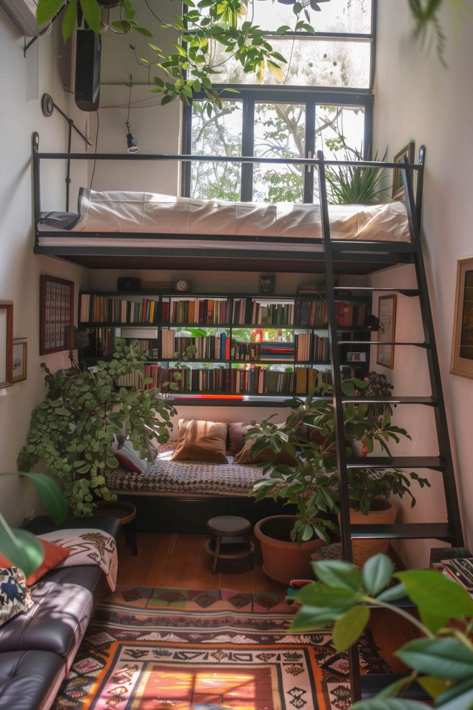 Small room with a loft bed and a library underneath making the most of vertical space.