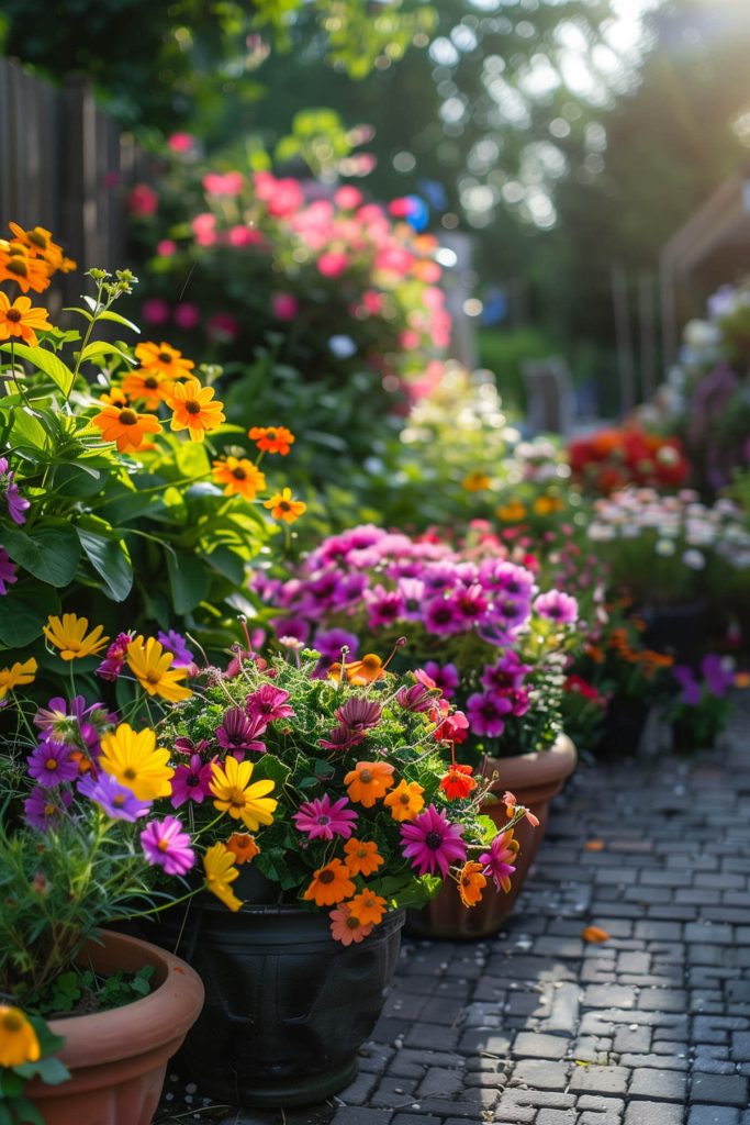 A garden with various potted plants and a portable seating area.