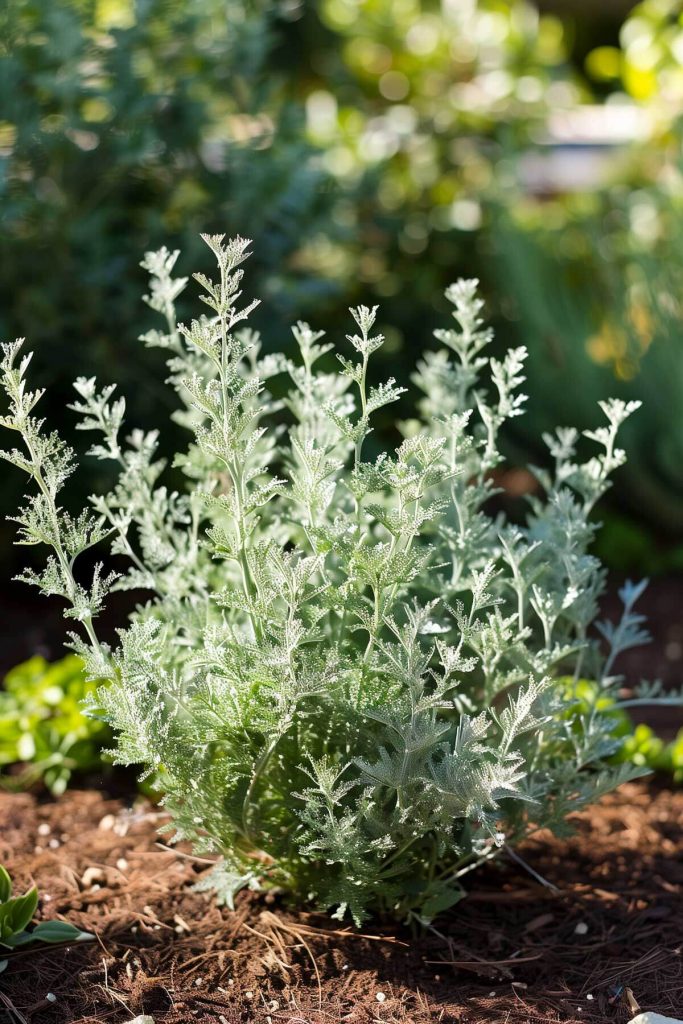 A wormwood (artemisia) plant with silvery, feathery leaves, growing in a sunny, well-drained garden bed.
