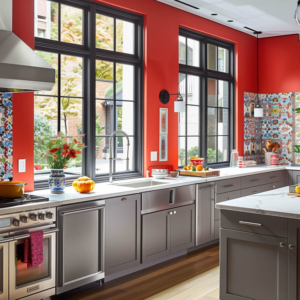 Kitchen accent wall using bold paint and patterned tiles.