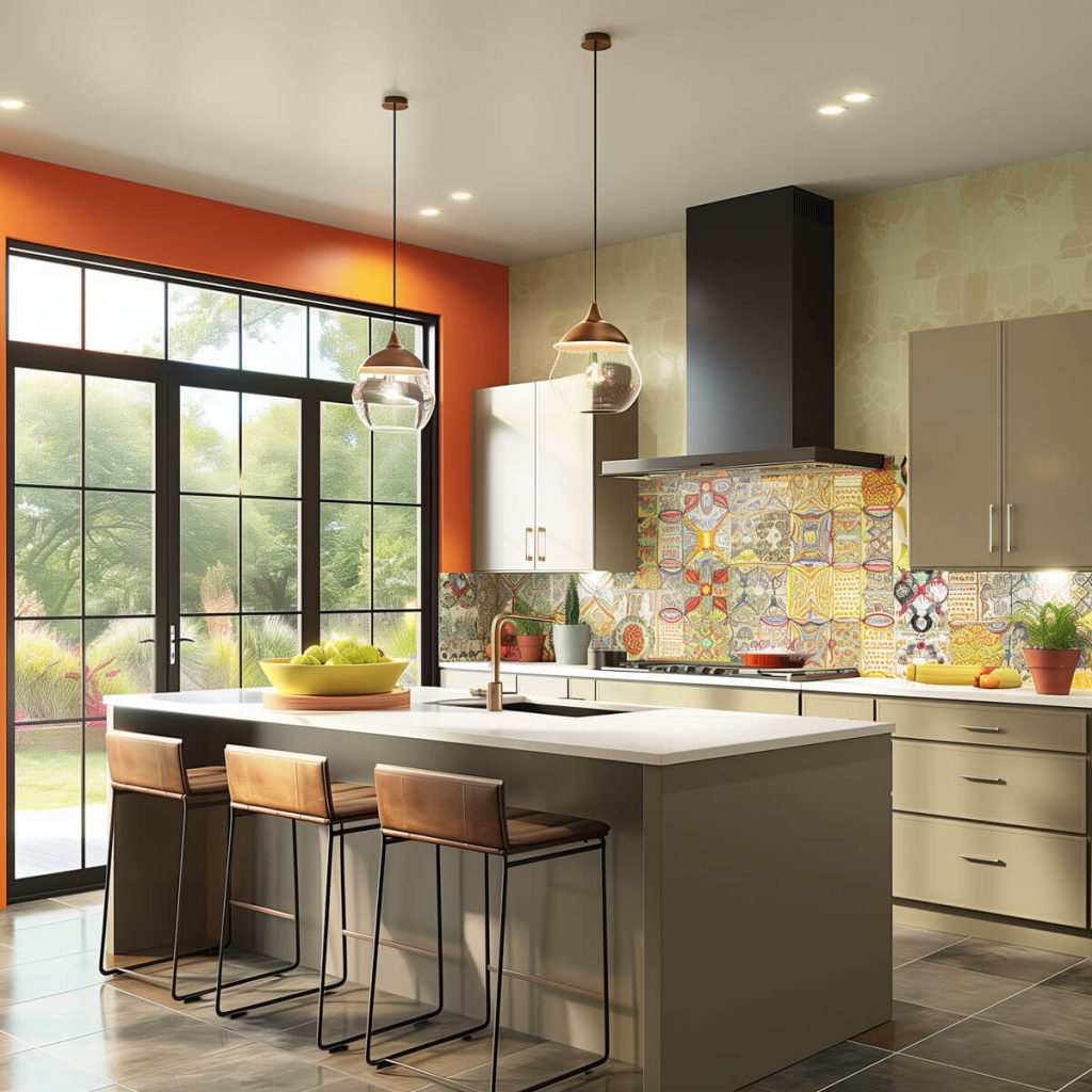 Kitchen accent wall using bold paint and patterned tiles.