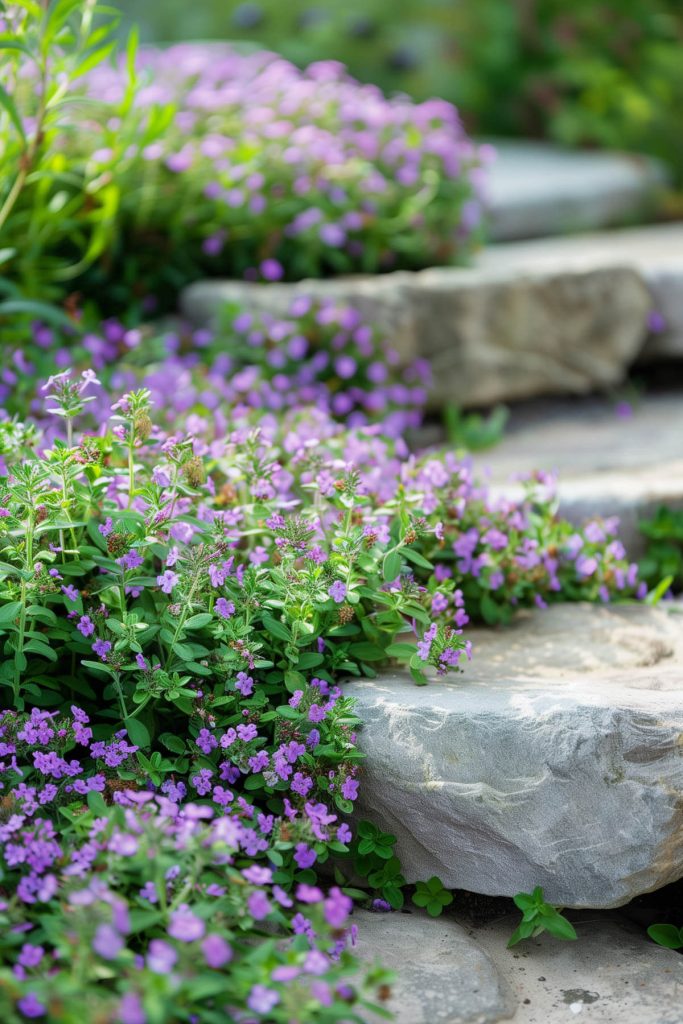 Tiny purple flowers and green foliage of creeping thyme growing between stepping stones.