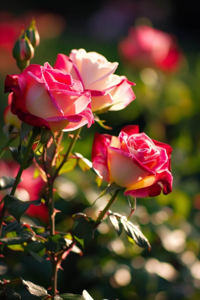 Various rose varieties in red, pink, and white, blooming in a sunny garden, adding classic beauty and fragrance.