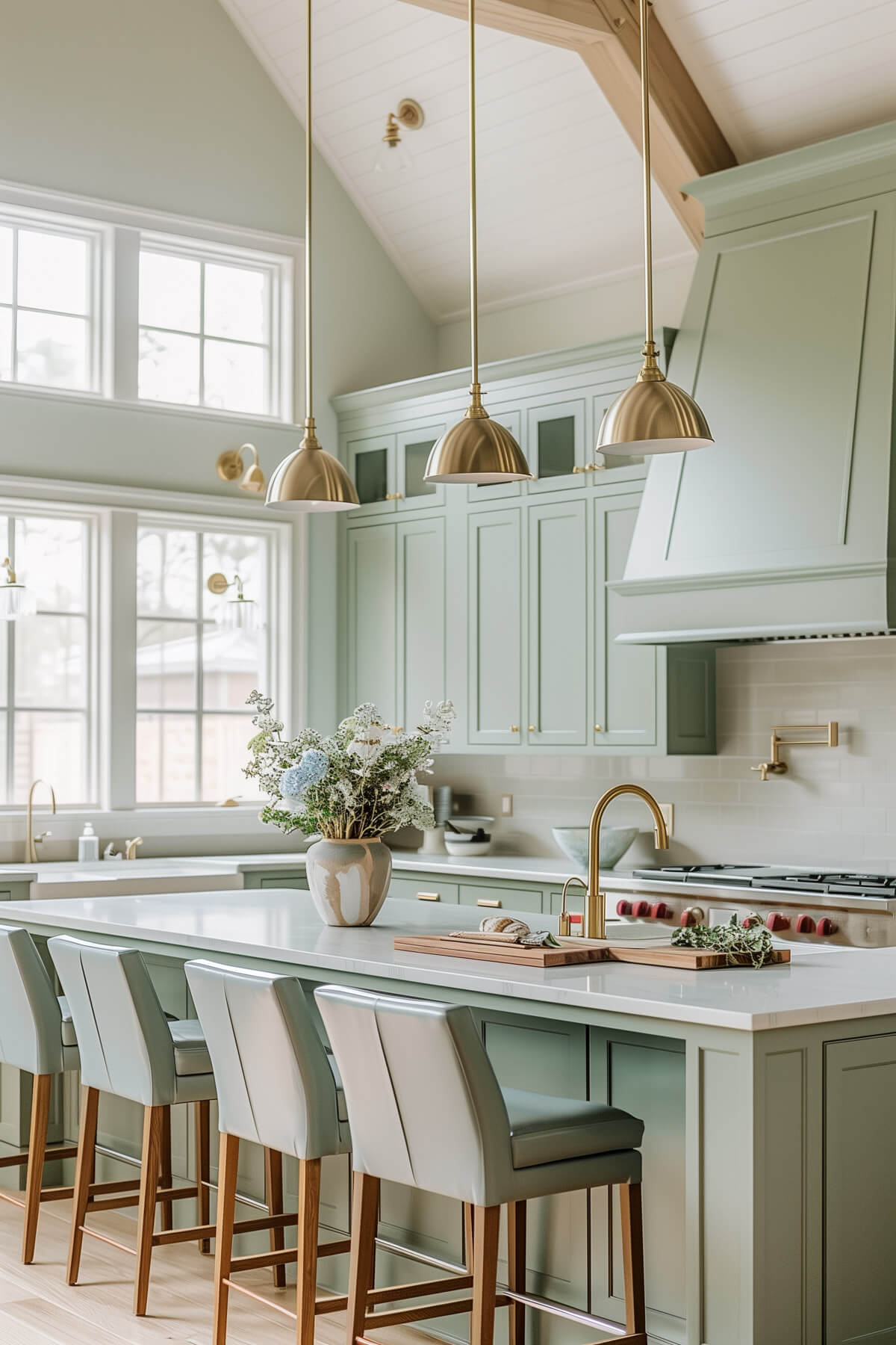 Sage green cabinets paired with soft pastel accents like baby blue and pale pink in a gentle kitchen.