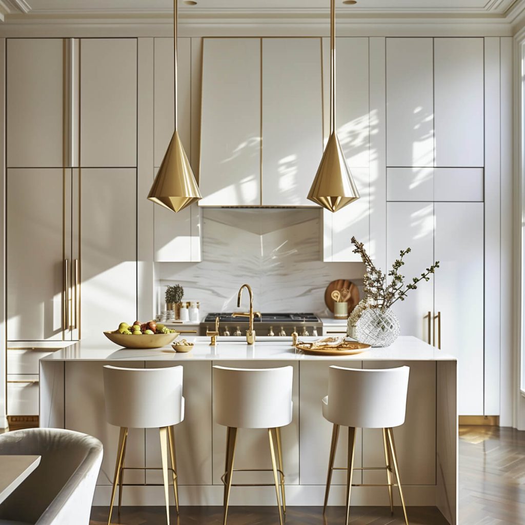 White kitchen cabinets with geometric brass pendant lights.