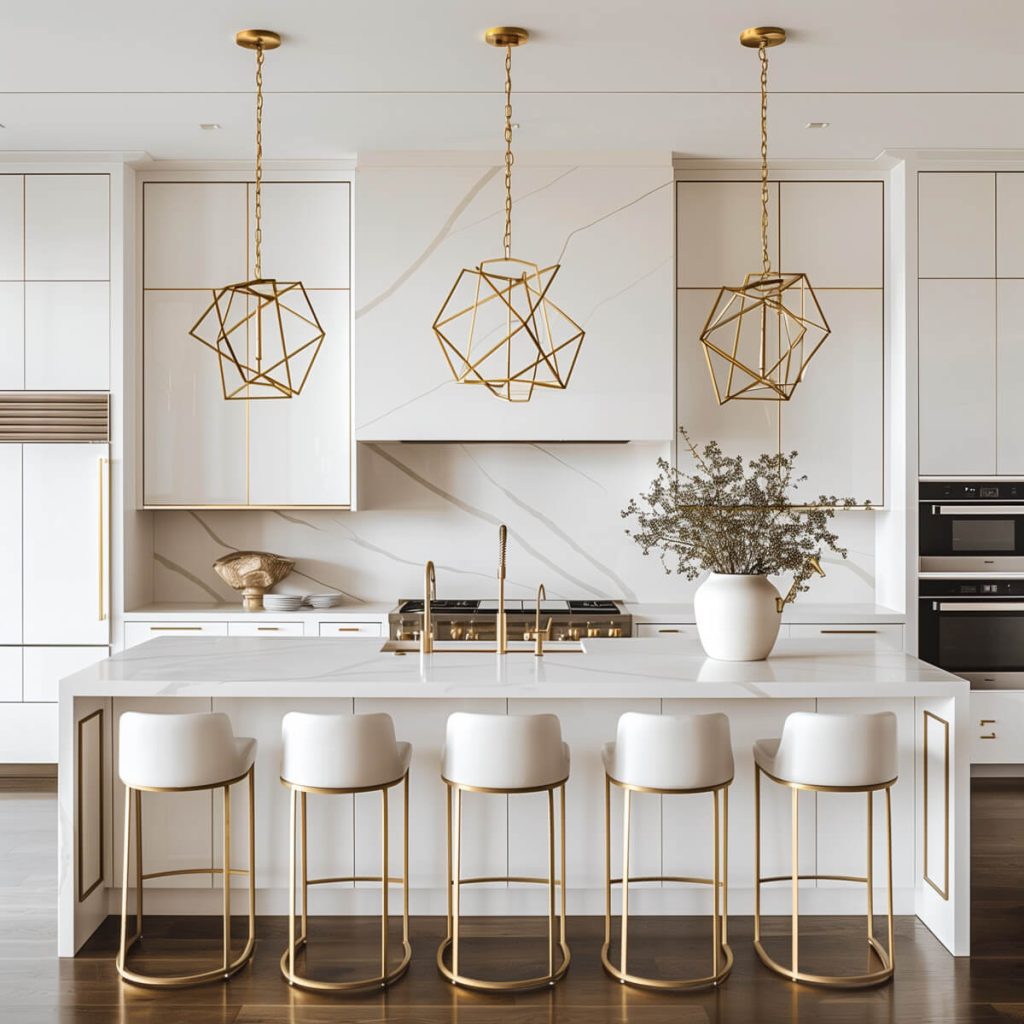 White kitchen cabinets with geometric brass pendant lights.
