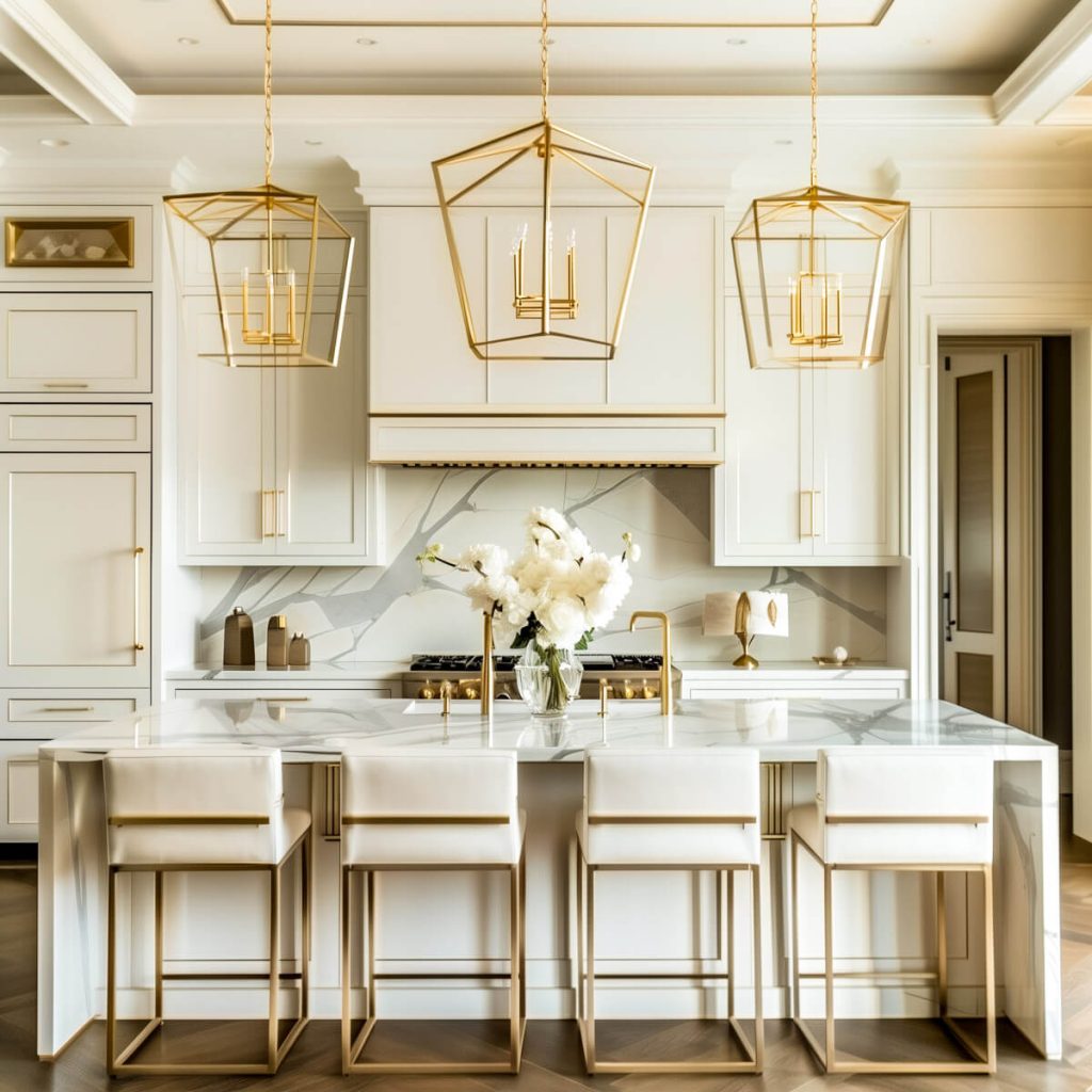 White kitchen cabinets with geometric brass pendant lights.