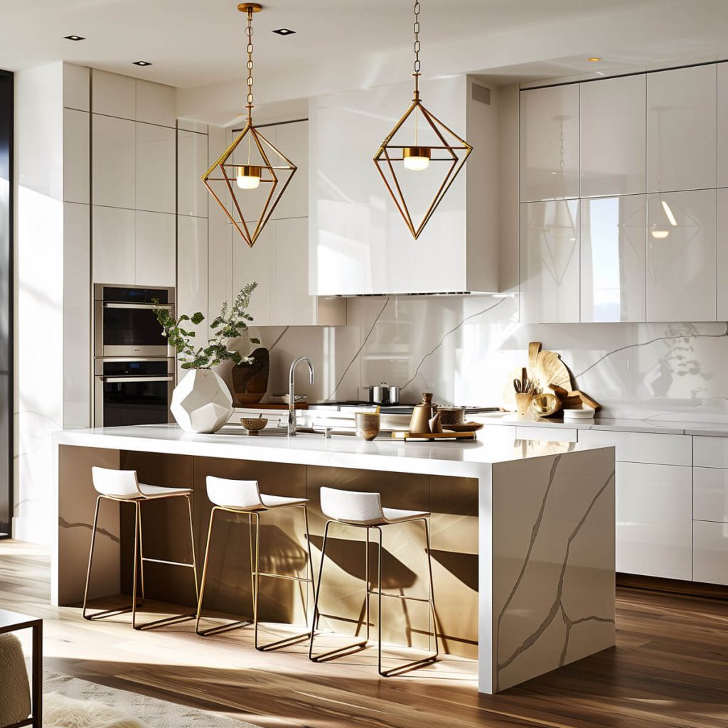 White kitchen cabinets with geometric brass pendant lights.