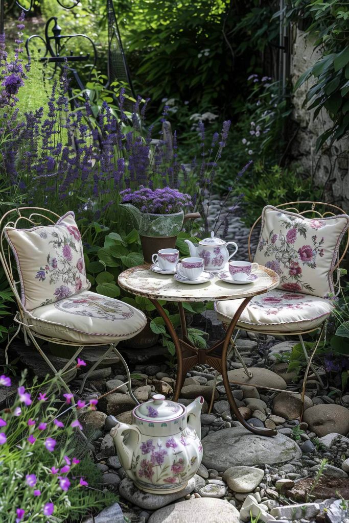 A garden corner with chamomile, mint, lavender, and a tea table.