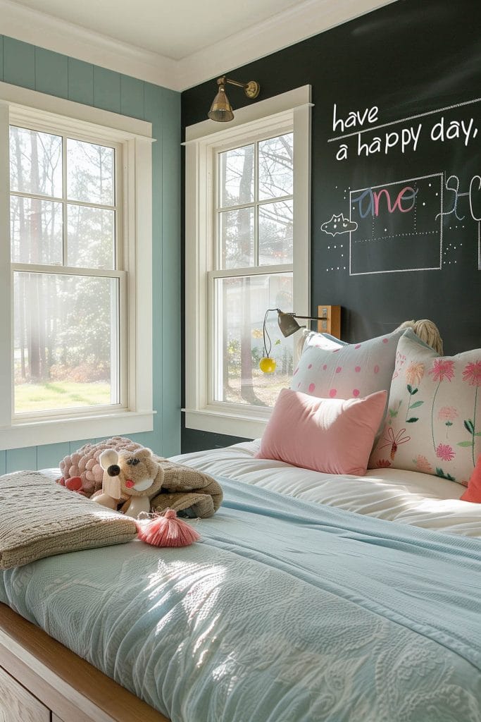 A small section of a bedroom wall painted with chalkboard paint for notes and whimsical drawings.