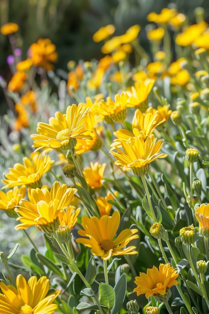 Bright yellow daisy-like flowers of desert marigold in a sunlit desert landscape.