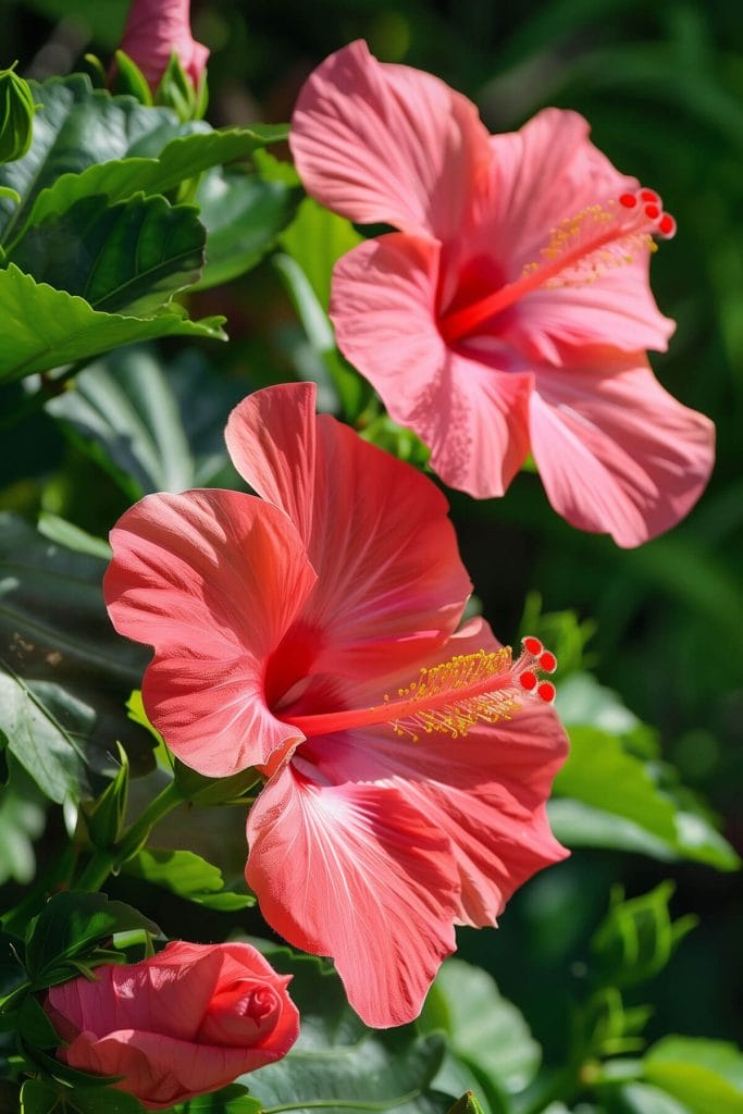 Large, tropical-looking hardy hibiscus flowers in red, pink, and white blooming in a sunny garden, adding a bold, exotic touch.