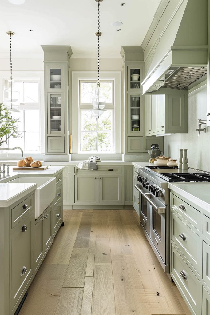 A sunlit kitchen with sage green cabinets, enhanced by natural sunlight for a warm, inviting space.