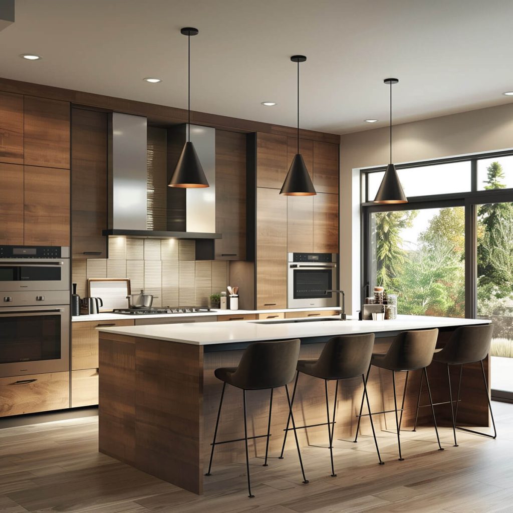 Kitchen with textured finishes on cabinets and countertops.