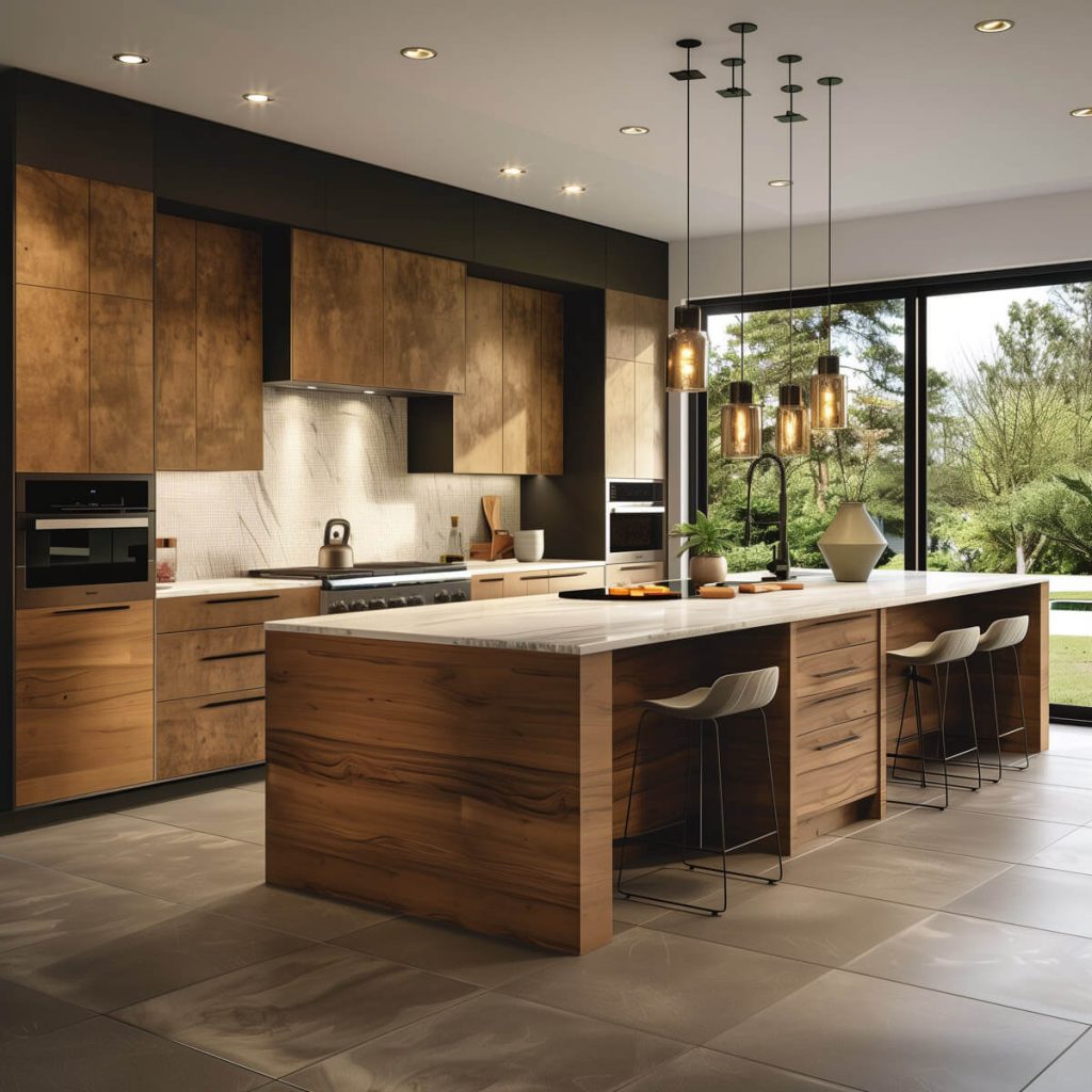 Kitchen with textured finishes on cabinets and countertops.