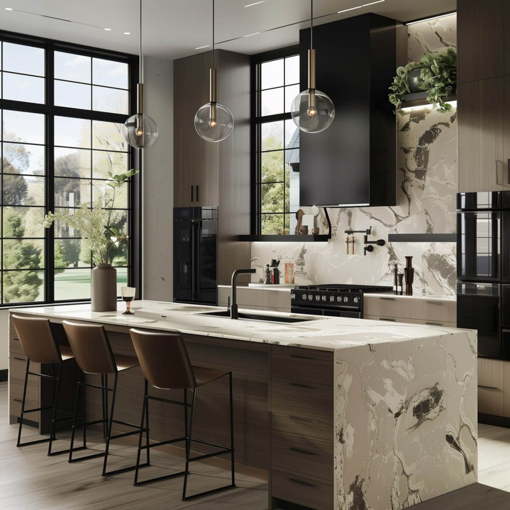 Kitchen with textured finishes on cabinets and countertops.