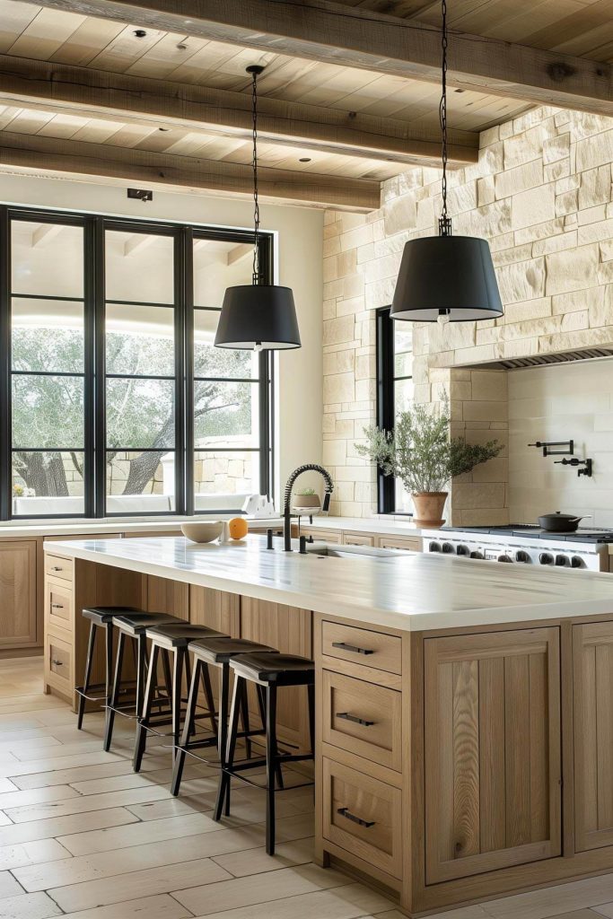 Kitchen with textured finishes on cabinets and countertops.