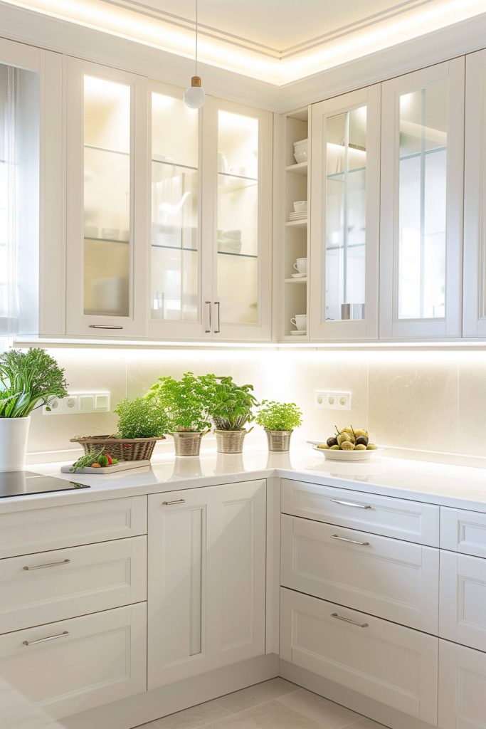 White kitchen cabinets with frosted glass panels offering a blend of opacity and translucence.