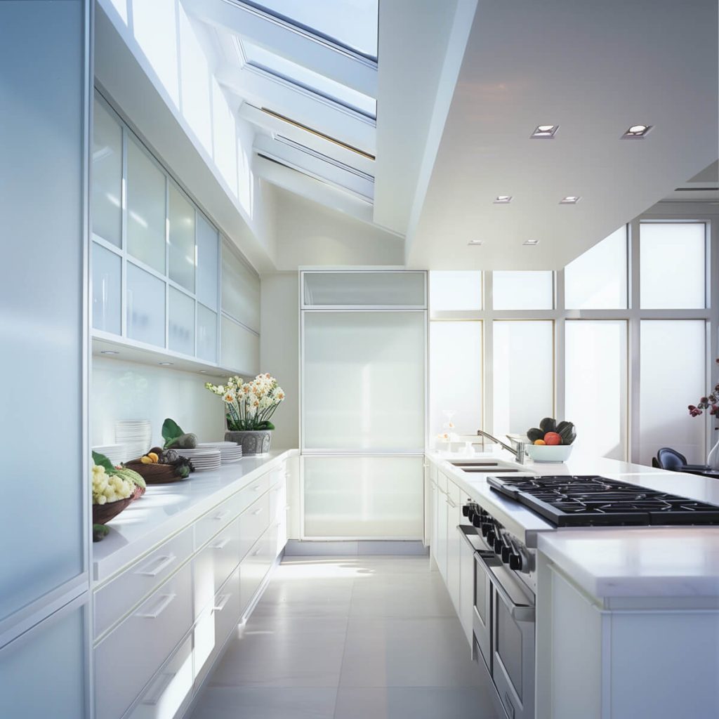 White kitchen cabinets with frosted glass panels offering a blend of opacity and translucence.