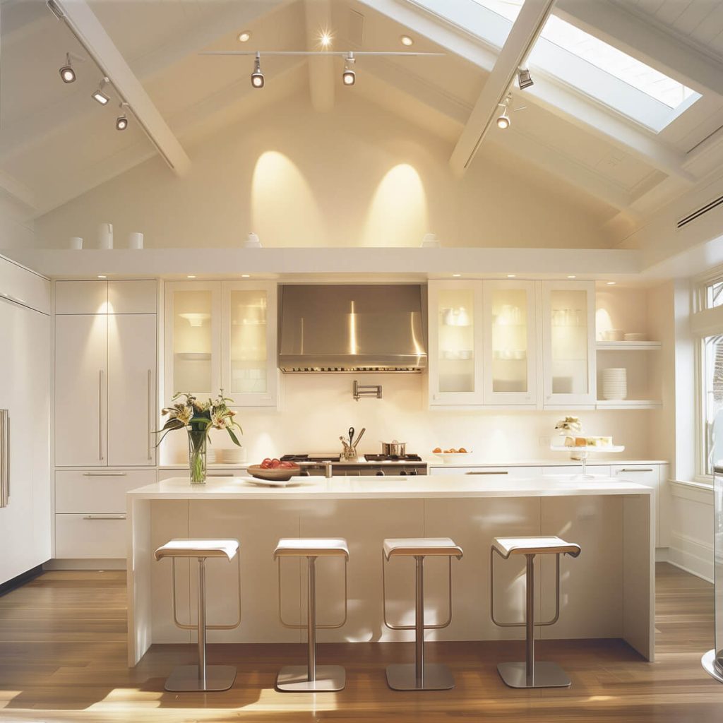 White kitchen cabinets with frosted glass panels offering a blend of opacity and translucence.