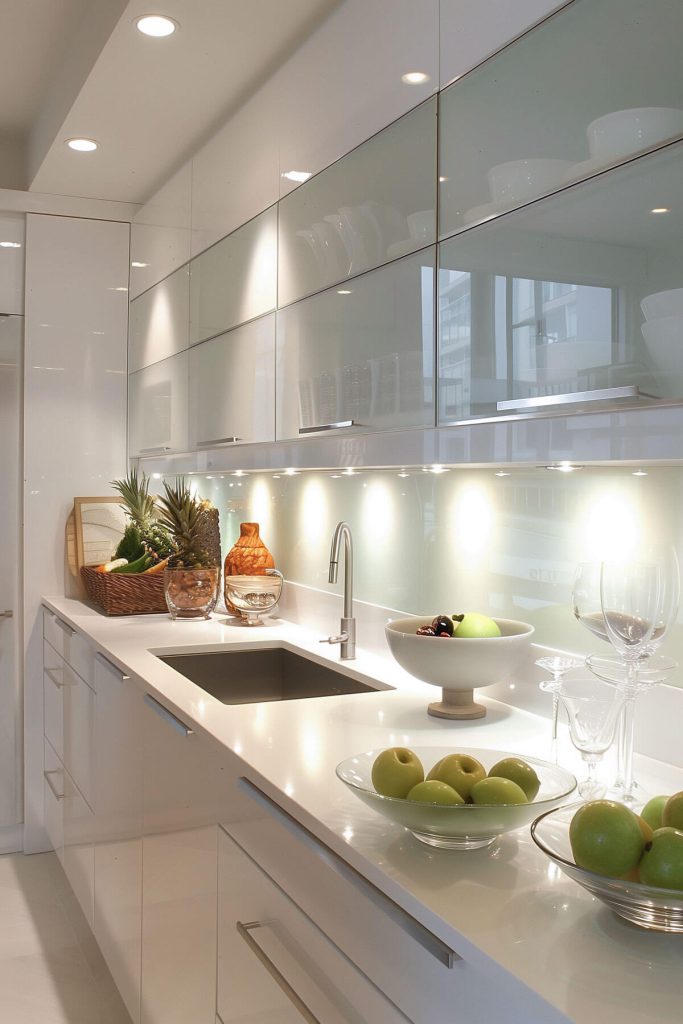 White kitchen cabinets with frosted glass panels offering a blend of opacity and translucence.