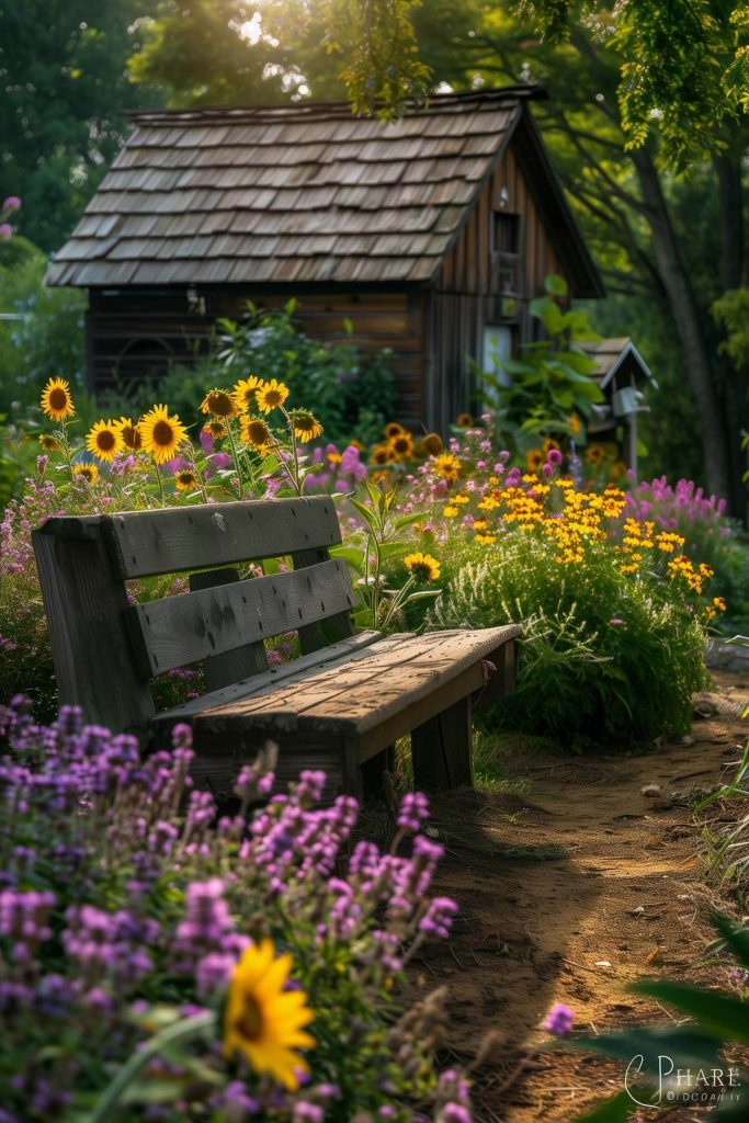 A garden with flowers that attract birds and bees, a bee hotel, and birdhouses.