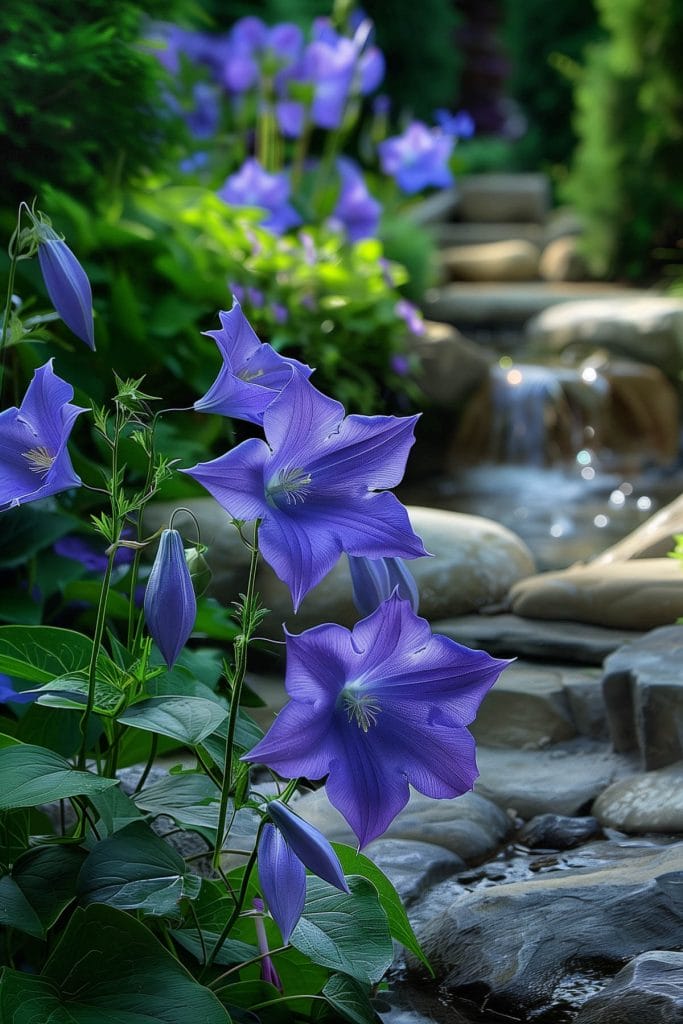 Unique, balloon-shaped buds of balloon flower opening into star-shaped blooms in blue, and white in a sunny to partially shaded garden.