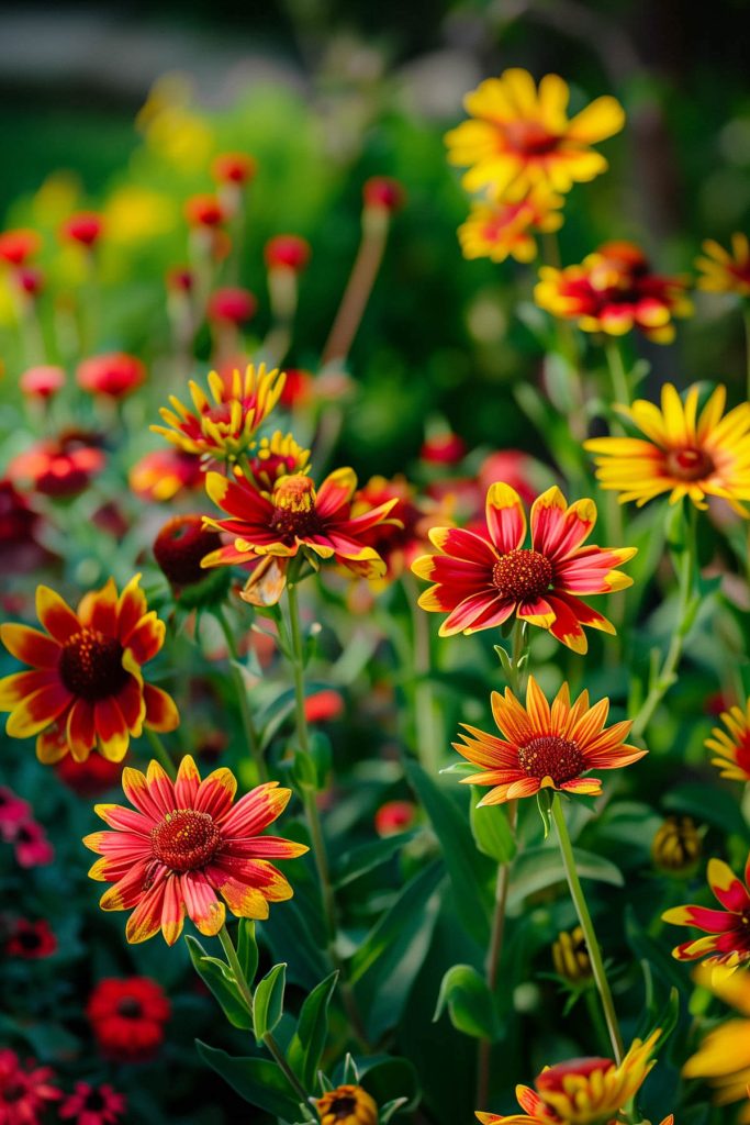 Bright red and yellow flowers of Indian blanket in a sunlit garden.