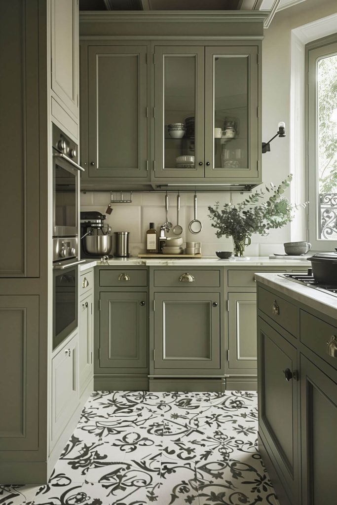 Sage green cabinets paired with patterned floor tiles in a whimsical and character-filled kitchen.