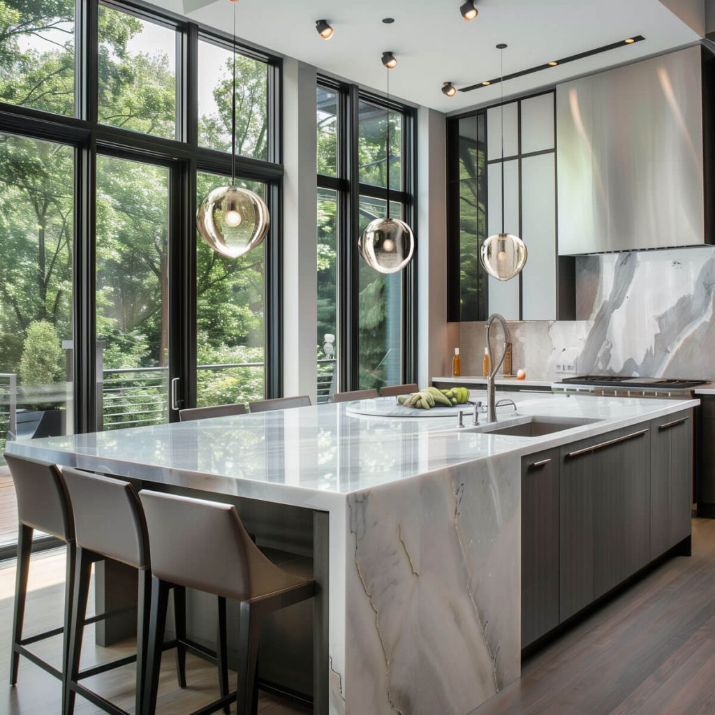 Sleek kitchen with waterfall countertops extending to the floor.