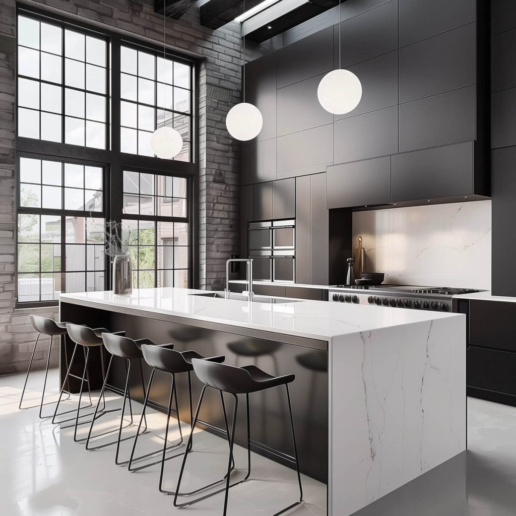 Sleek kitchen with waterfall countertops extending to the floor.