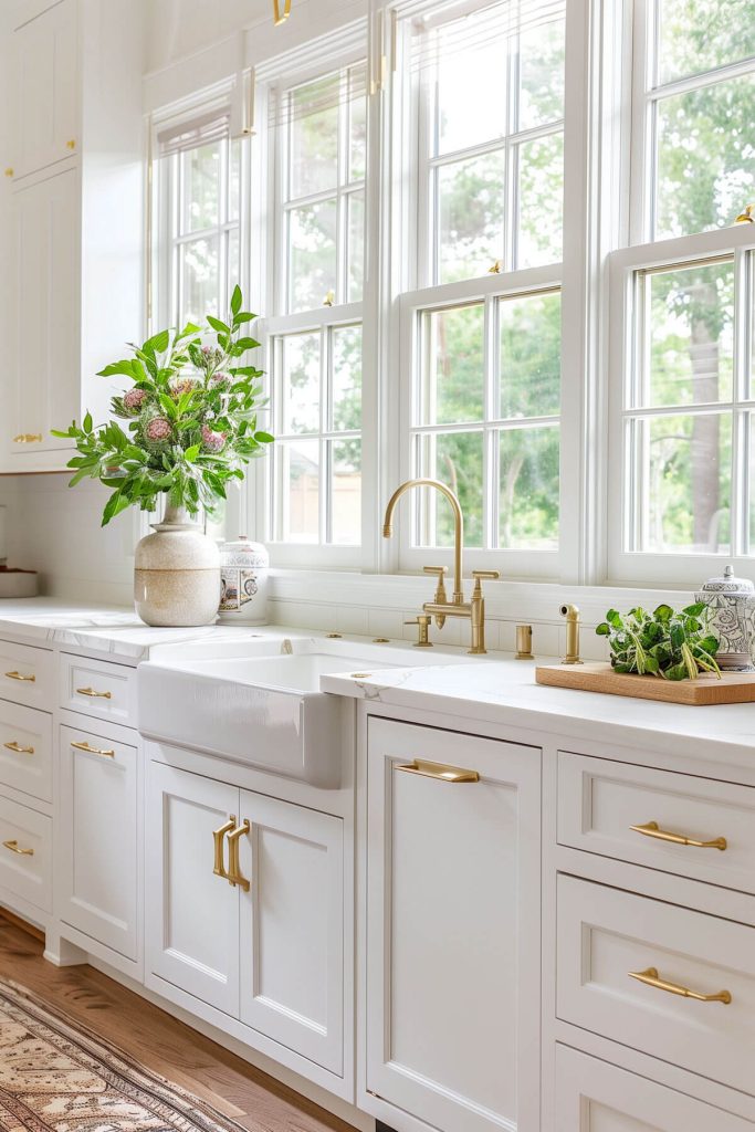 White kitchen cabinets with trendy brass channel pulls for a contemporary edge.