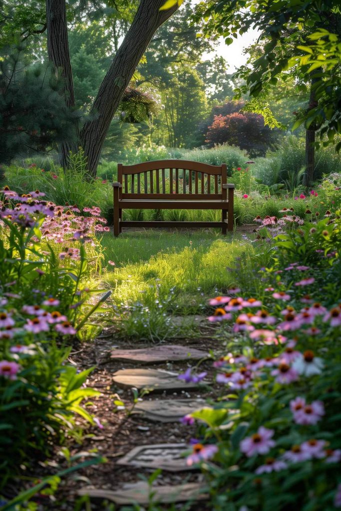 A wildflower meadow garden with native grasses and a rustic bench.