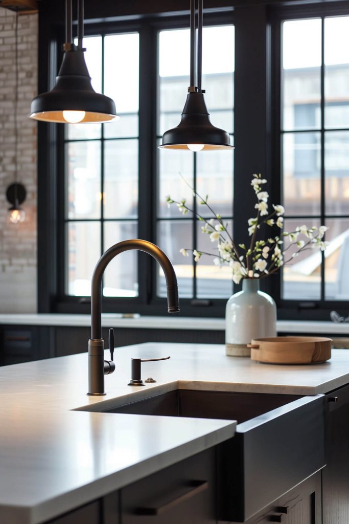 Kitchen with bold, oversized fixtures enhancing design.