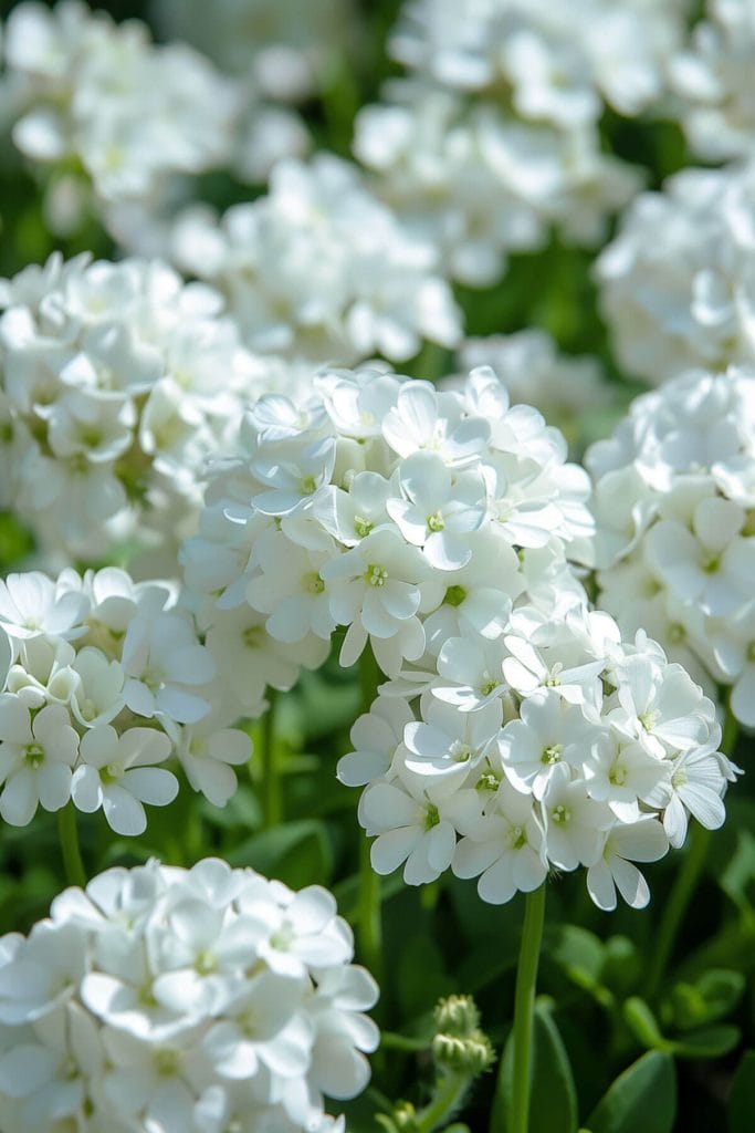 Clusters of small, white candytuft flowers blooming profusely in a sunny to partially shaded garden, creating a charming display.