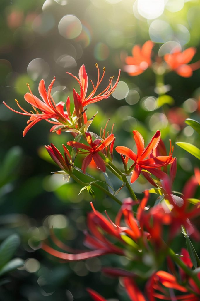 Slender stems and tubular red flowers of firecracker plant in a sunlit garden.