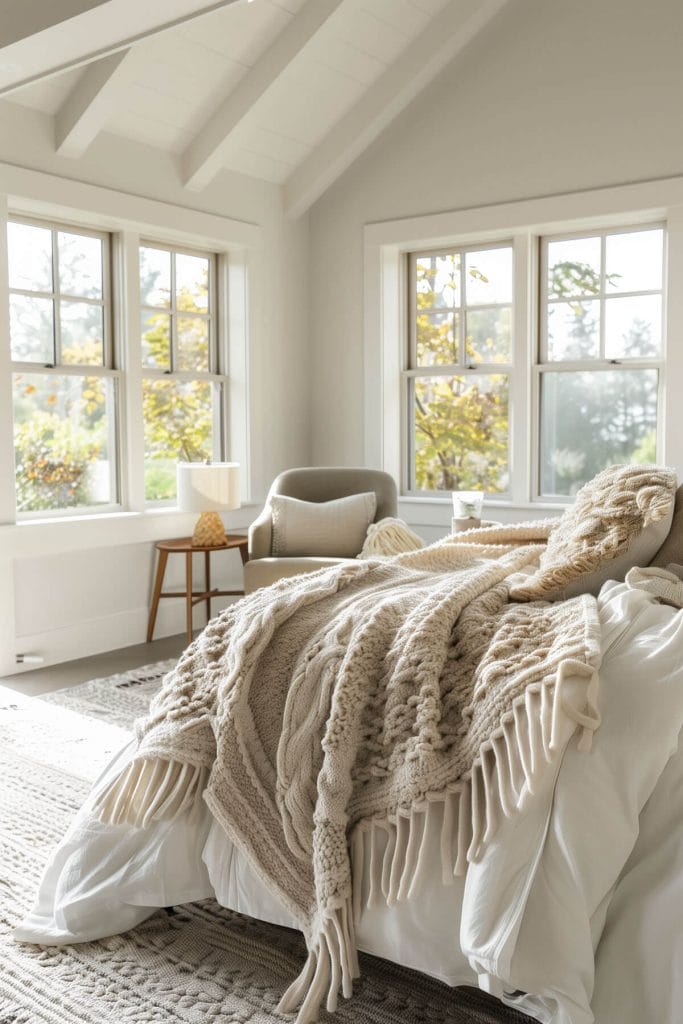 Cozy knitted blankets draped over a bed and chairs adding warmth and texture to a bedroom.