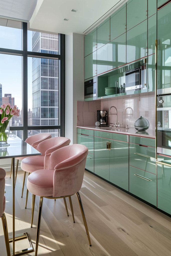 : Sage green cabinets with a glossy finish, reflecting light in a modern, glamorous kitchen.