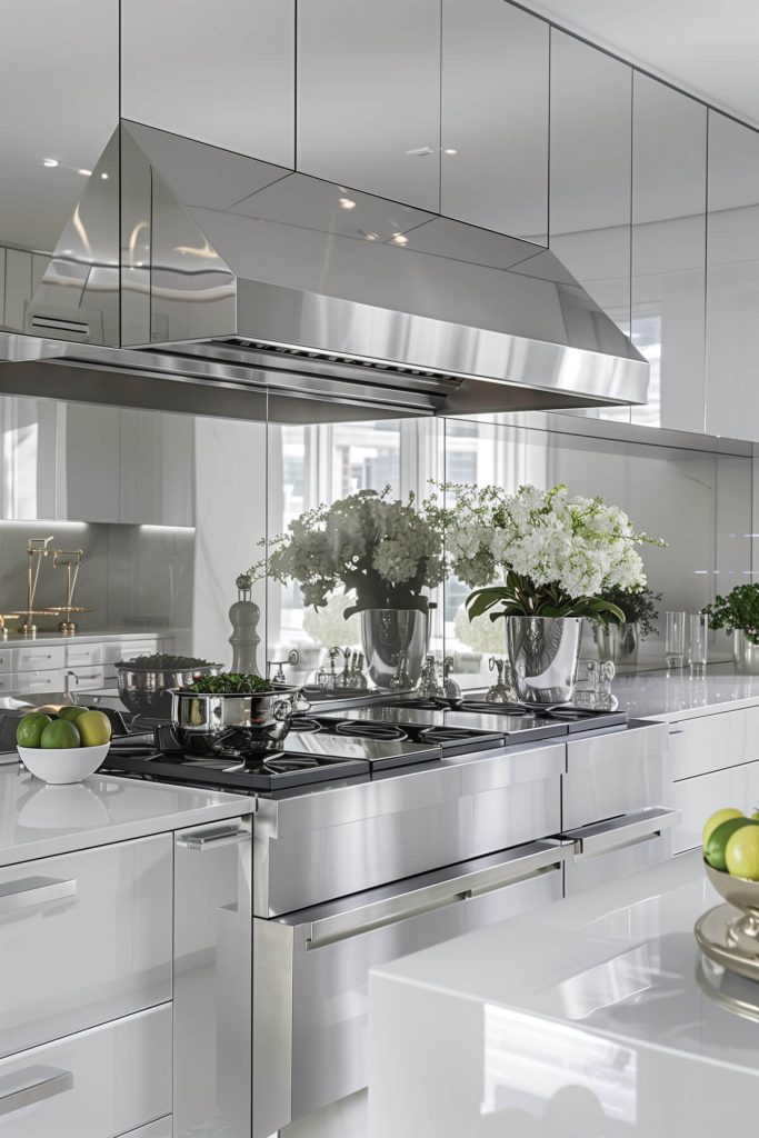 White kitchen cabinets paired with a reflective mirrored backsplash to enhance spatial perception.