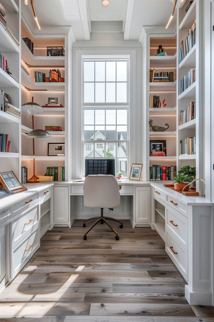 Multifunctional library with built-in desks within the shelves for a combined reading and workspace.