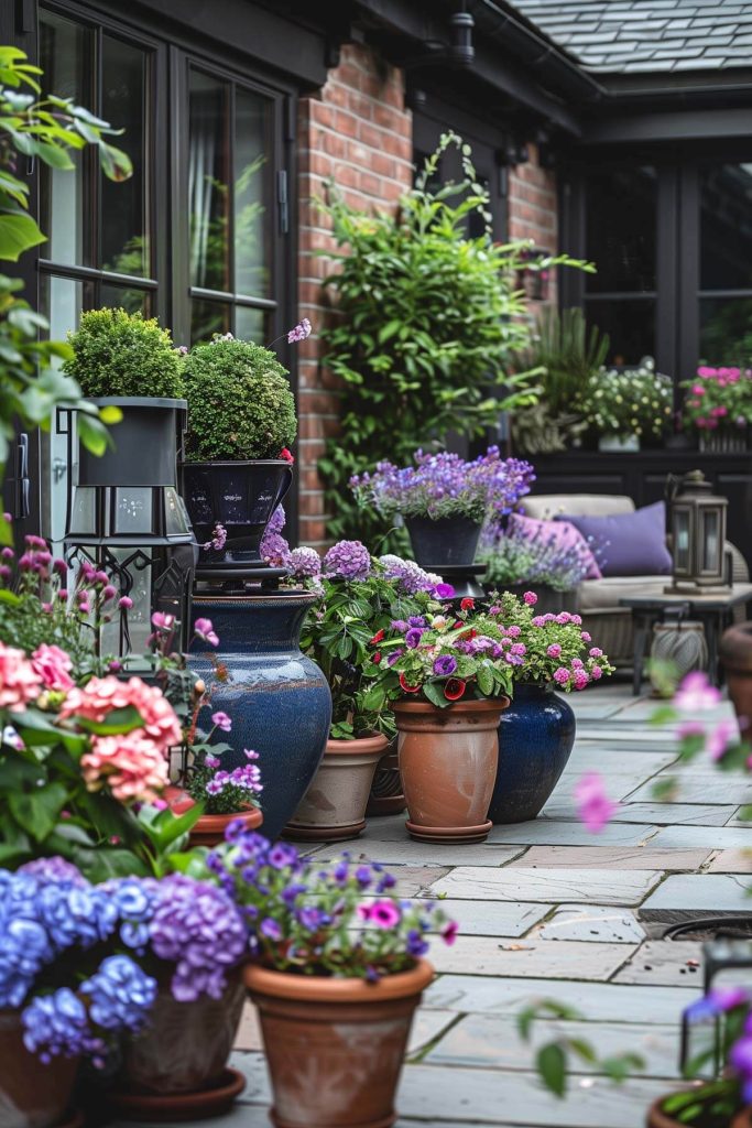 A garden with large pots filled with trees, shrubs, and flowers.