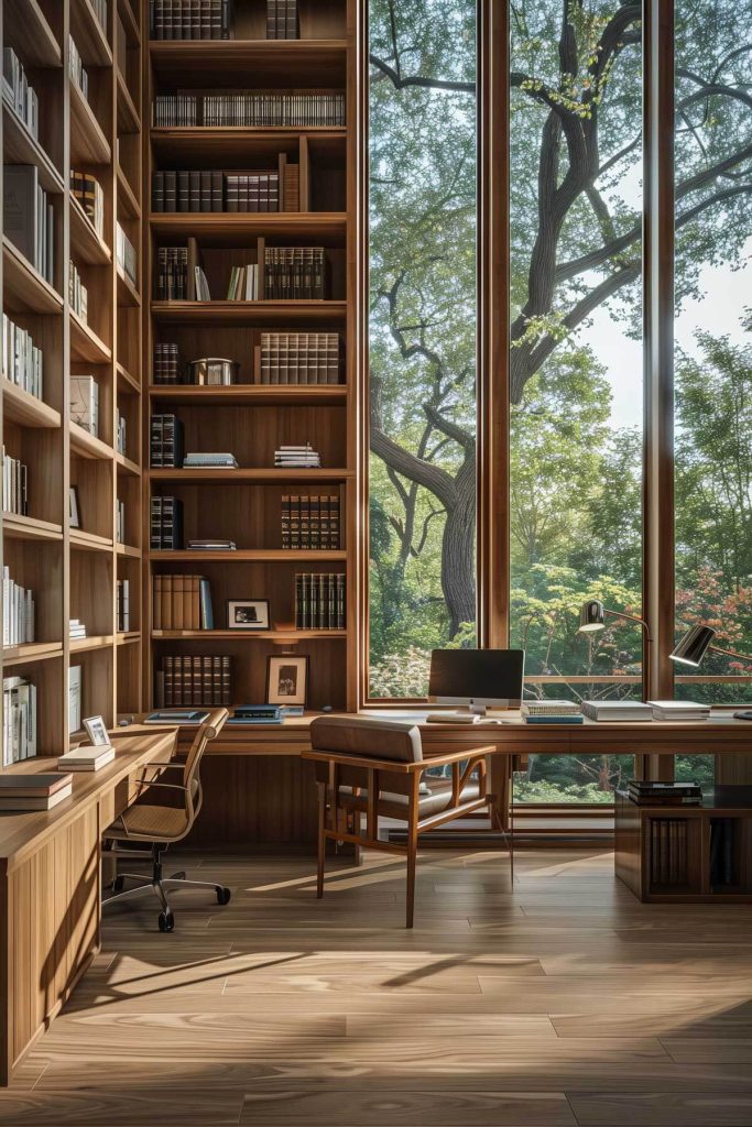 Multifunctional library with built-in desks within the shelves for a combined reading and workspace.