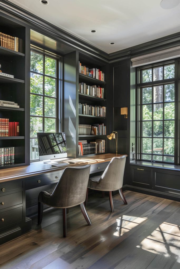 Multifunctional library with built-in desks within the shelves for a combined reading and workspace.