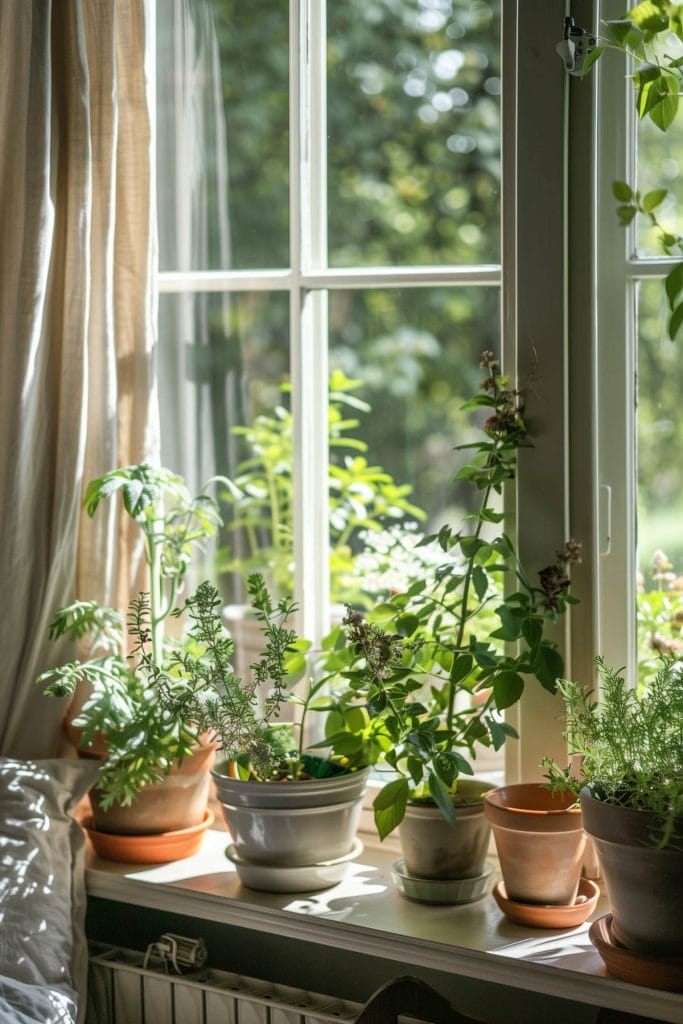 A small indoor herb garden on a natural light from windows, light and airy, ill adding fresh scents and greenery to a bedroom.