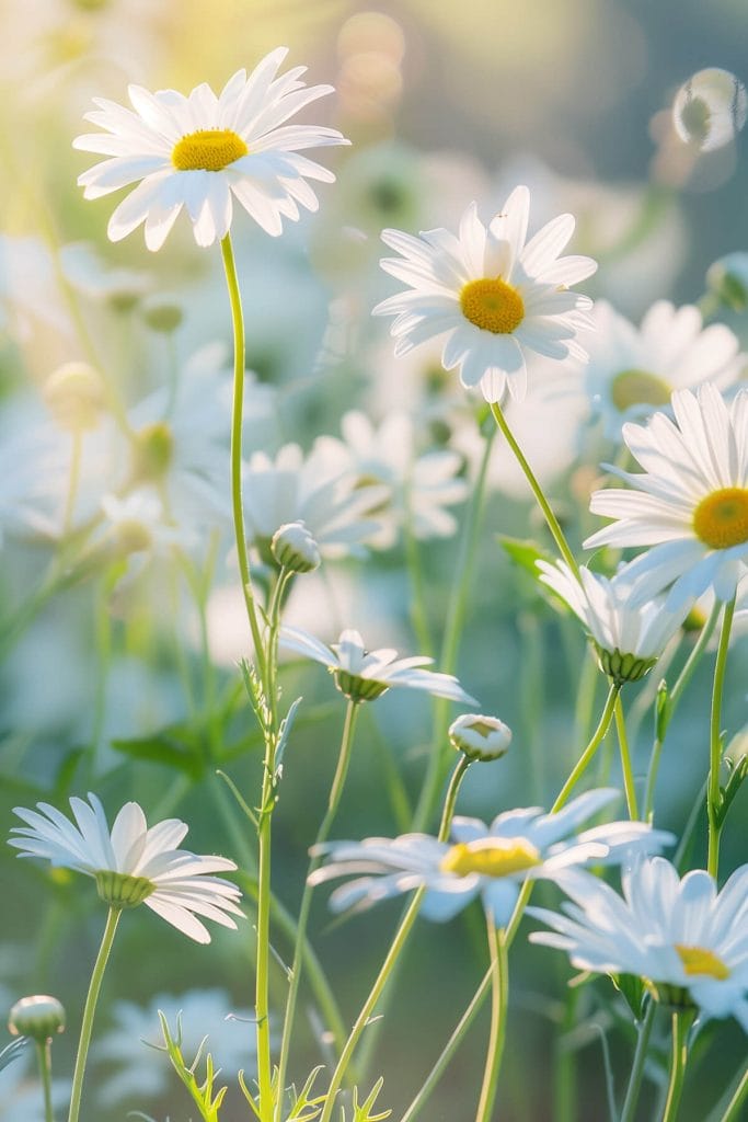 Classic oxeye daisy flowers with white petals and yellow centers blooming in a sunny garden, adding a cheerful wildflower look.