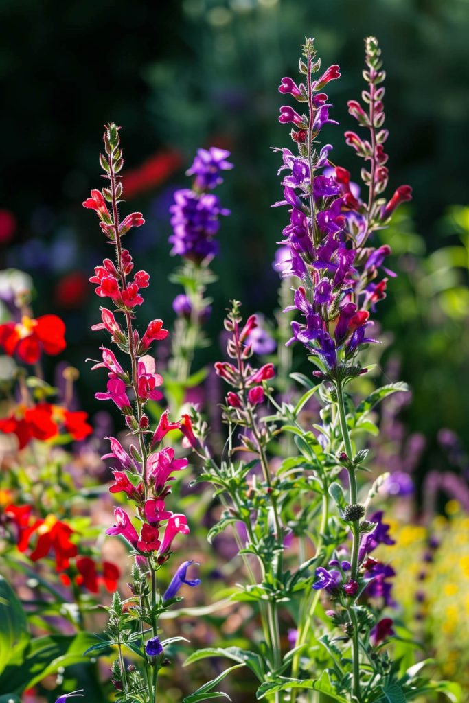 Spikes of tubular pink, purple, and red flowers of penstemon in a sunlit garden.