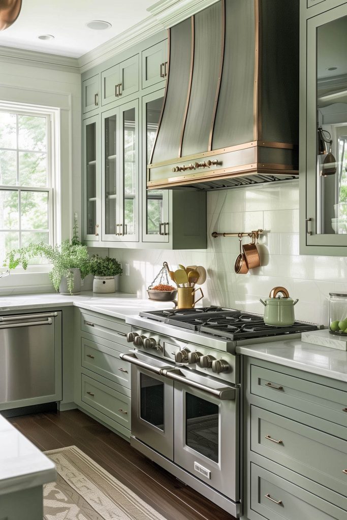 Sage green cabinets accented with mixed metals like copper handles and stainless-steel appliances in a modern kitchen.